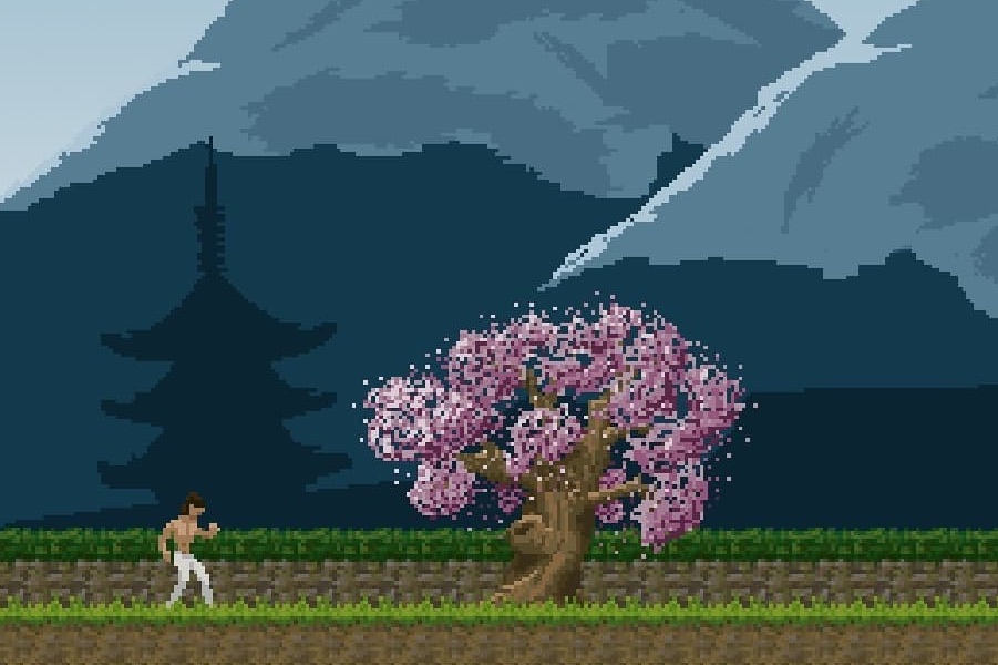 pixal game image of fighter infront of cherry blossom